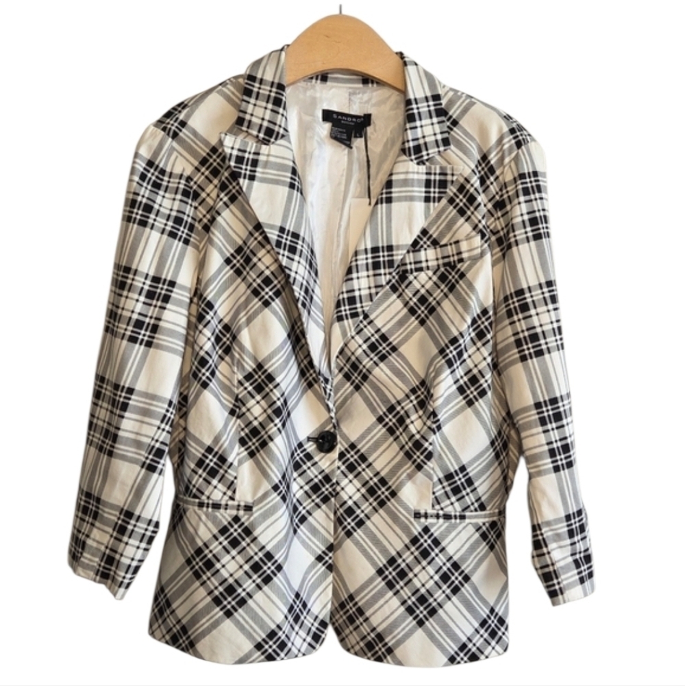 Sandro Sportswear Black and White Plaid Single Button Blazer Sz L Workwear